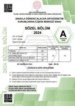 2024 LGS Tıpkıbasım Sözel Bölüm A Kitapçık Türü