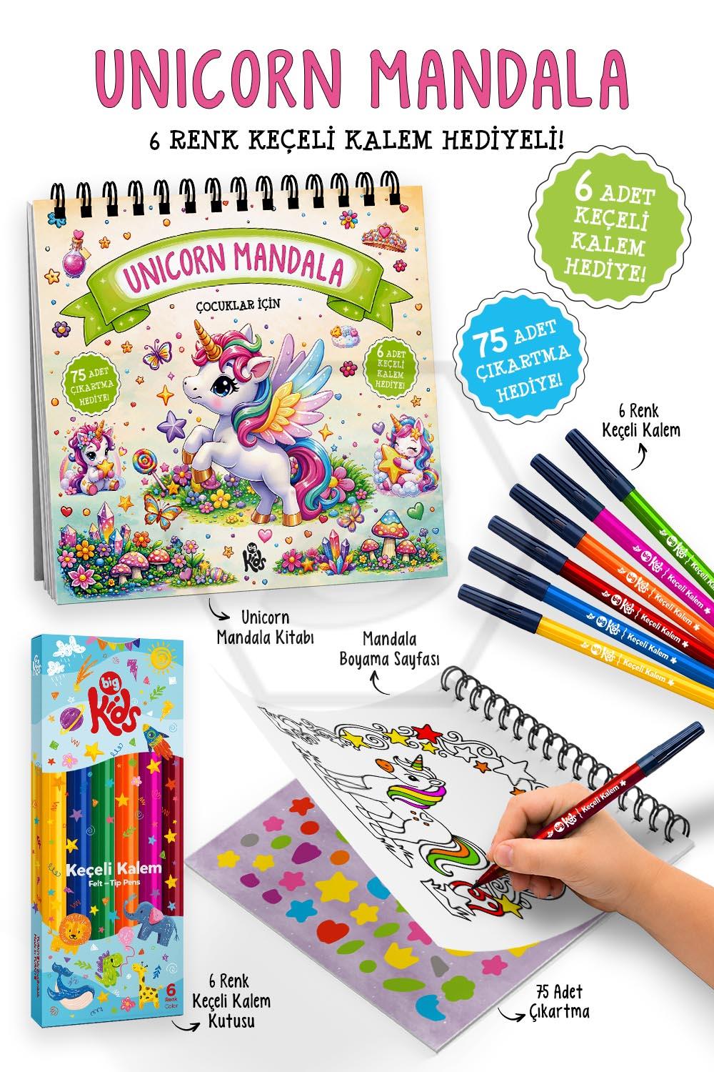 Unicorn Mandala - 6 Renk Keçeli Kalem ve 75 Adet Çıkartma Hediyeli