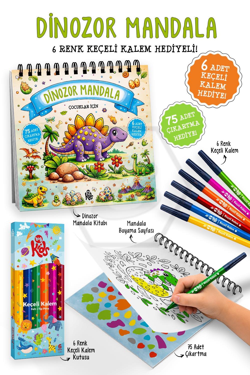 Dinozor Mandala - 6 Renk Keçeli Kalem ve 75 Adet Çıkartma Hediyeli